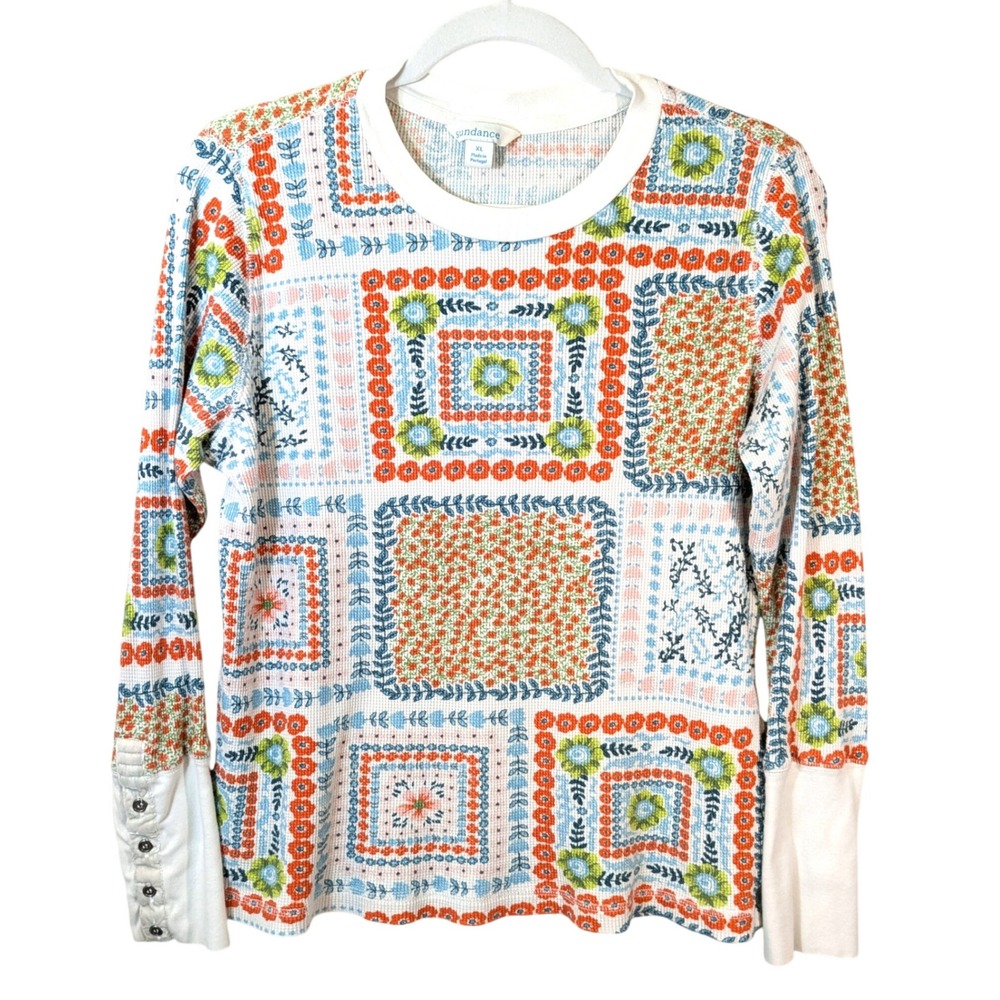 Sundance Artistic Soul Patchwork Thermal Top XL Waffle Knit Boho Button Cuff